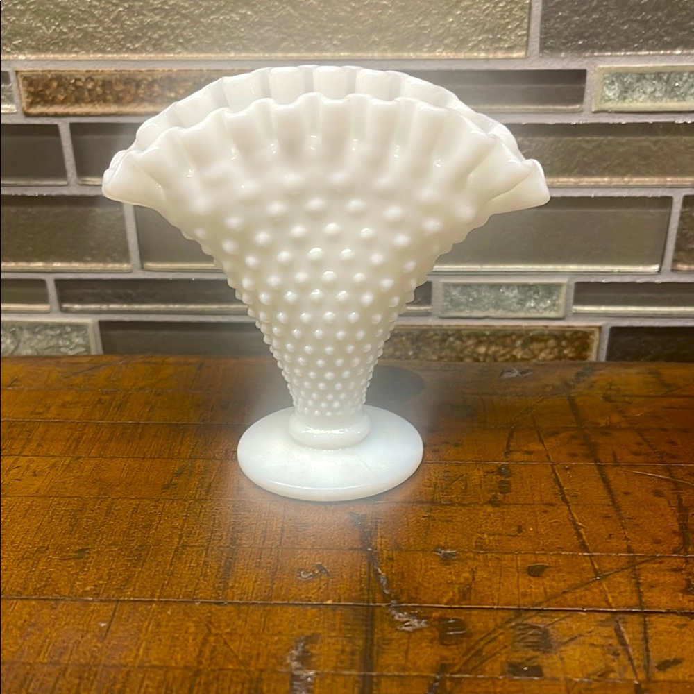 Vintage Milk Glass Hobnail Fan Vase